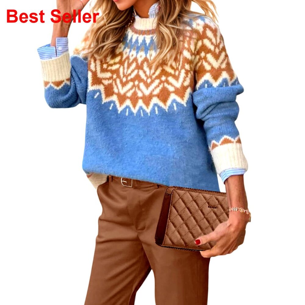 Mock Neck Ribbed Sweater Pullover Long Sleeve Fair Isle Print Fall Top